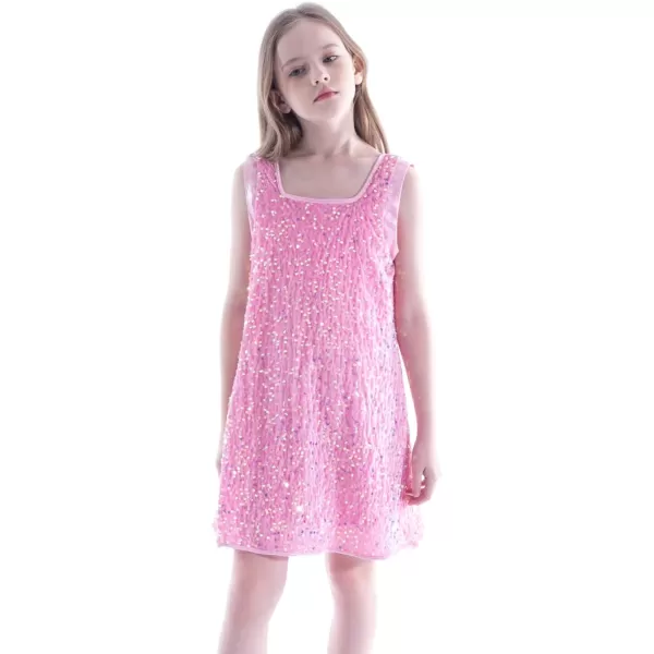 WELAKEN Girls Sequin Dress ALine Sleeveless Sparkly Gown Party Dresses with Faux Fur TrimPink