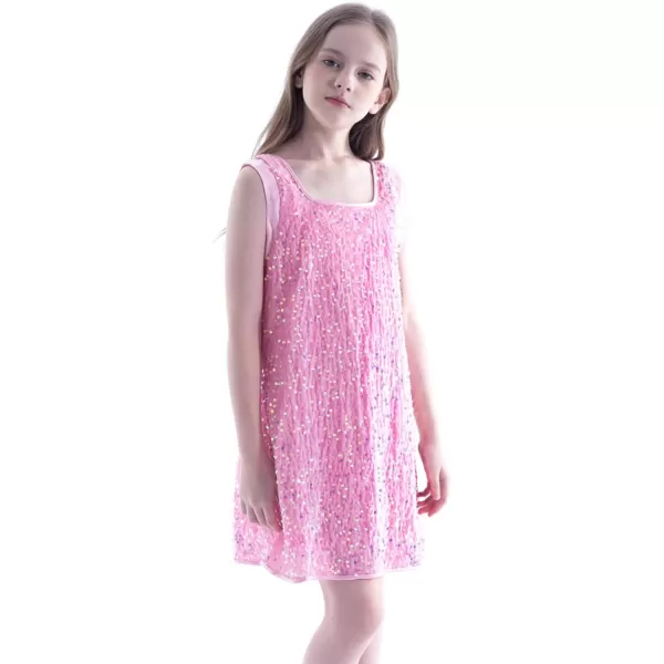 WELAKEN Girls Sequin Dress ALine Sleeveless Sparkly Gown Party Dresses with Faux Fur TrimPink