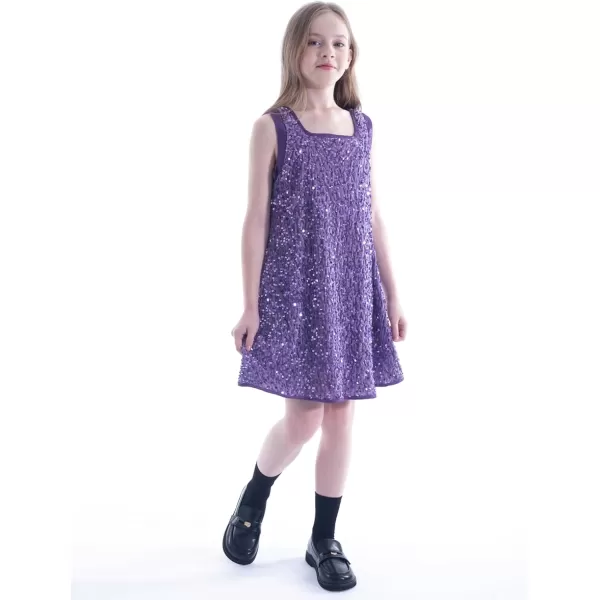 WELAKEN Girls Sequin Dress ALine Sleeveless Sparkly Gown Party Dresses with Faux Fur TrimPurple