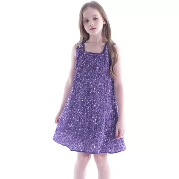 WELAKEN Girls Sequin Dress ALine Sleeveless Sparkly Gown Party Dresses with Faux Fur TrimPurple