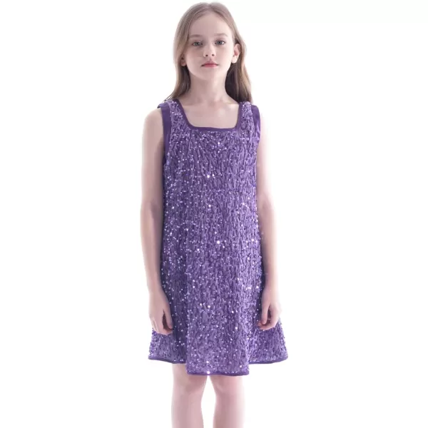 WELAKEN Girls Sequin Dress ALine Sleeveless Sparkly Gown Party Dresses with Faux Fur TrimPurple