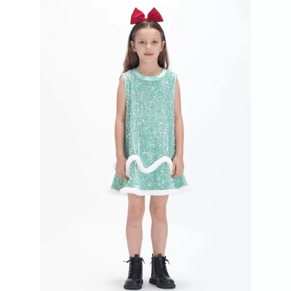 WELAKEN Girls Sequin Dress ALine Sleeveless Sparkly Gown Party Dresses with Faux Fur TrimWgreen sequin