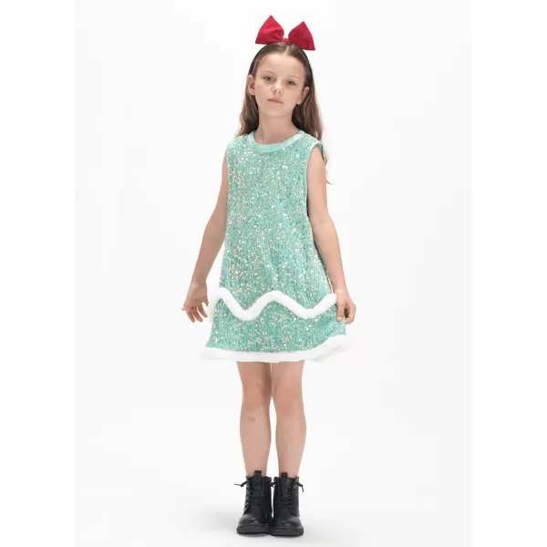 WELAKEN Girls Sequin Dress ALine Sleeveless Sparkly Gown Party Dresses with Faux Fur TrimWgreen sequin