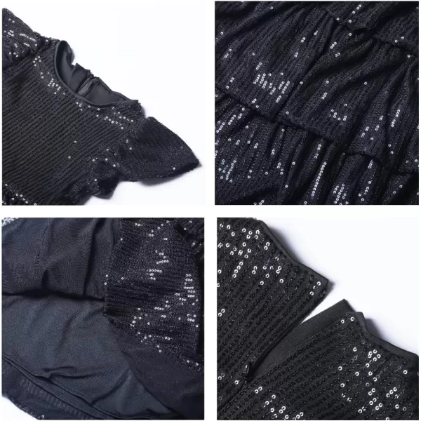 WELAKEN Girls Sequin Dress Glittering Flutter Sleeve Tiered Layer Birthday Party DressesBlack