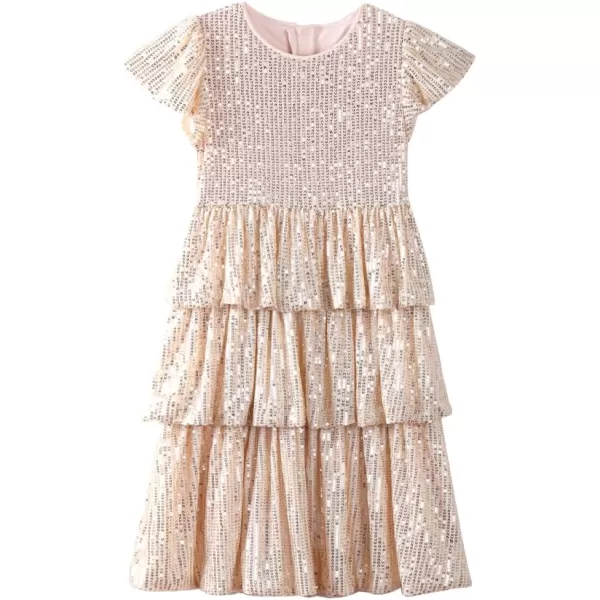 WELAKEN Girls Sequin Dress Glittering Flutter Sleeve Tiered Layer Birthday Party DressesGold