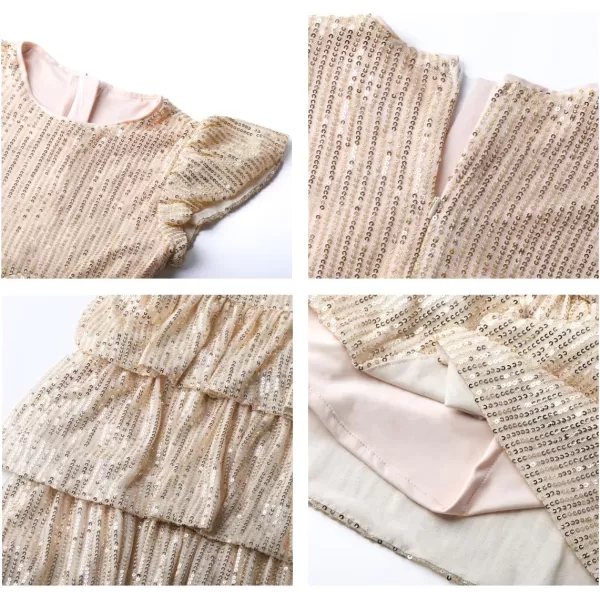 WELAKEN Girls Sequin Dress Glittering Flutter Sleeve Tiered Layer Birthday Party DressesGold