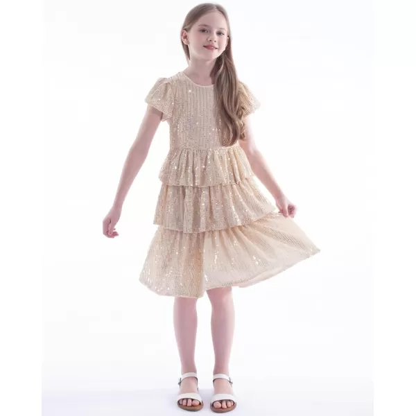 WELAKEN Girls Sequin Dress Glittering Flutter Sleeve Tiered Layer Birthday Party DressesGold