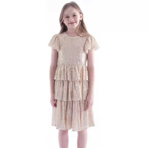 WELAKEN Girls Sequin Dress Glittering Flutter Sleeve Tiered Layer Birthday Party DressesGold