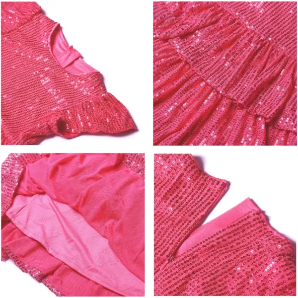 WELAKEN Girls Sequin Dress Glittering Flutter Sleeve Tiered Layer Birthday Party DressesHot Pink