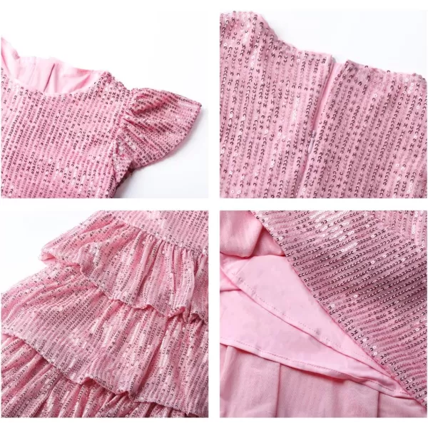 WELAKEN Girls Sequin Dress Glittering Flutter Sleeve Tiered Layer Birthday Party DressesPink