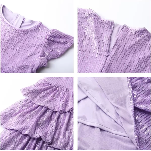 WELAKEN Girls Sequin Dress Glittering Flutter Sleeve Tiered Layer Birthday Party DressesPurple