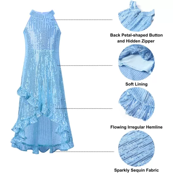 WELAKEN Girls Sequin Dress for Kids Sparkly Halter Neck Sleeveless Casual Party Wedding Twirl DressesBlue