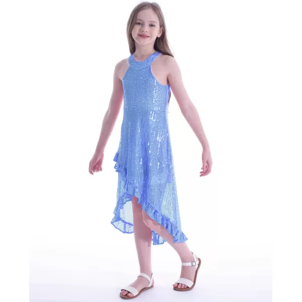 WELAKEN Girls Sequin Dress for Kids Sparkly Halter Neck Sleeveless Casual Party Wedding Twirl DressesBlue