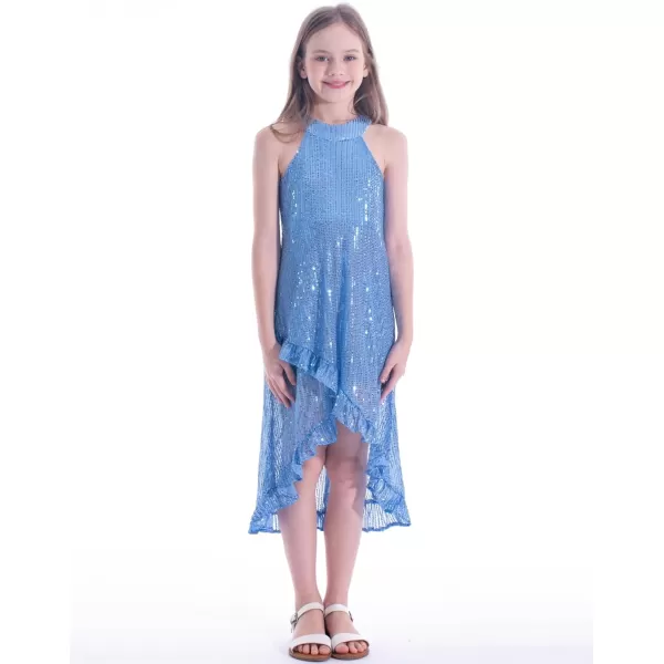 WELAKEN Girls Sequin Dress for Kids Sparkly Halter Neck Sleeveless Casual Party Wedding Twirl DressesBlue