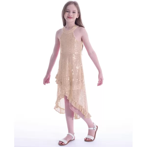 WELAKEN Girls Sequin Dress for Kids Sparkly Halter Neck Sleeveless Casual Party Wedding Twirl DressesGold
