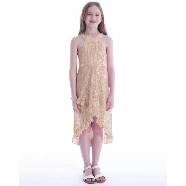 WELAKEN Girls Sequin Dress for Kids Sparkly Halter Neck Sleeveless Casual Party Wedding Twirl DressesGold