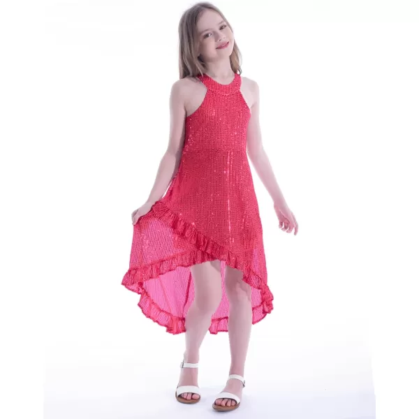 WELAKEN Girls Sequin Dress for Kids Sparkly Halter Neck Sleeveless Casual Party Wedding Twirl DressesHot Pink