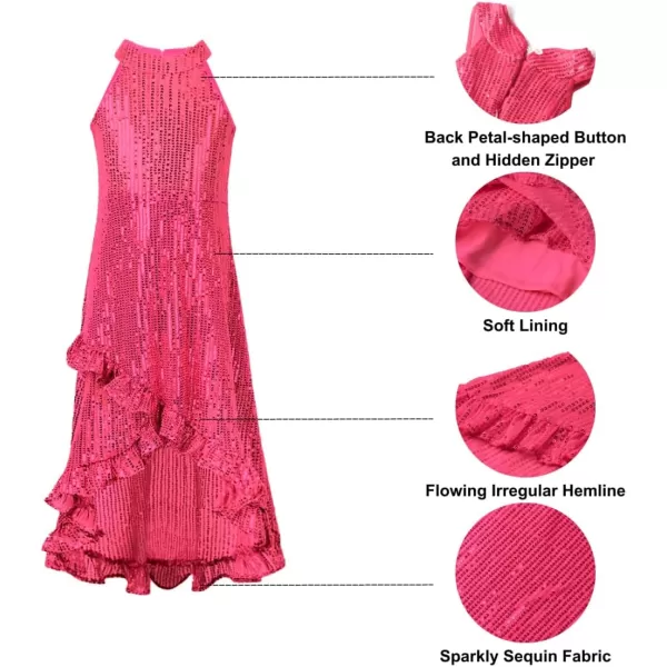 WELAKEN Girls Sequin Dress for Kids Sparkly Halter Neck Sleeveless Casual Party Wedding Twirl DressesHot Pink