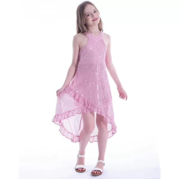 WELAKEN Girls Sequin Dress for Kids Sparkly Halter Neck Sleeveless Casual Party Wedding Twirl DressesPink