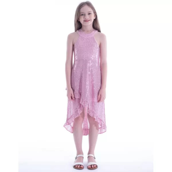 WELAKEN Girls Sequin Dress for Kids Sparkly Halter Neck Sleeveless Casual Party Wedding Twirl DressesPink