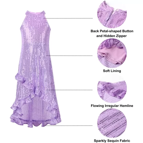 WELAKEN Girls Sequin Dress for Kids Sparkly Halter Neck Sleeveless Casual Party Wedding Twirl DressesPurple