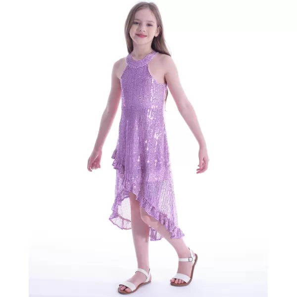 WELAKEN Girls Sequin Dress for Kids Sparkly Halter Neck Sleeveless Casual Party Wedding Twirl DressesPurple