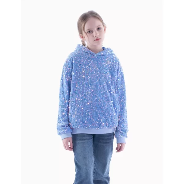 WELAKEN Girls Sequin Hooded Sweatshirt with Pockets Sparkle Long Sleeves Pullover Hoodie for Kids ampamp ToddlerBlue sequin