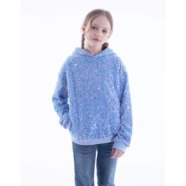WELAKEN Girls Sequin Hooded Sweatshirt with Pockets Sparkle Long Sleeves Pullover Hoodie for Kids ampamp ToddlerBlue sequin
