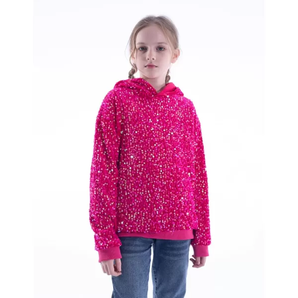 WELAKEN Girls Sequin Hooded Sweatshirt with Pockets Sparkle Long Sleeves Pullover Hoodie for Kids ampamp ToddlerHot Pink sequin