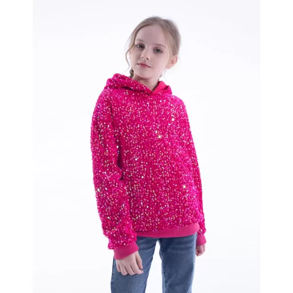 WELAKEN Girls Sequin Hooded Sweatshirt with Pockets Sparkle Long Sleeves Pullover Hoodie for Kids ampamp ToddlerHot Pink sequin