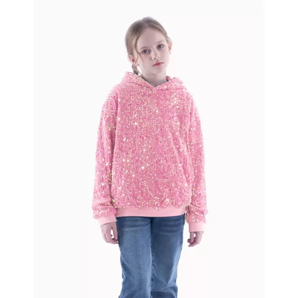 WELAKEN Girls Sequin Hooded Sweatshirt with Pockets Sparkle Long Sleeves Pullover Hoodie for Kids ampamp ToddlerPink sequin
