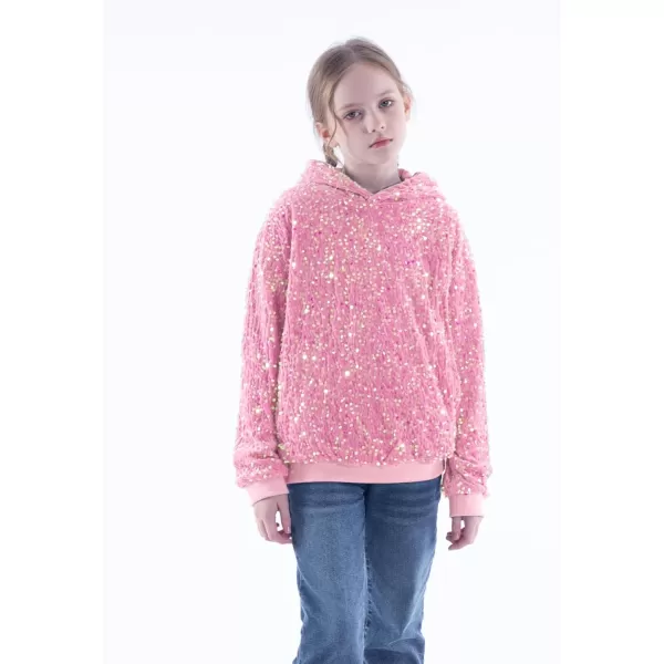 WELAKEN Girls Sequin Hooded Sweatshirt with Pockets Sparkle Long Sleeves Pullover Hoodie for Kids ampamp ToddlerPink sequin