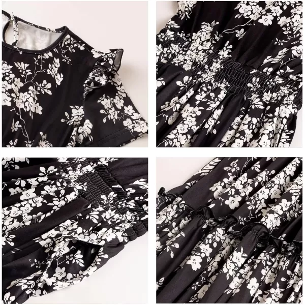WELAKEN Girls Short Sleeves Floral Printed Dresses with Pocket and Elastic WaistbandBlack