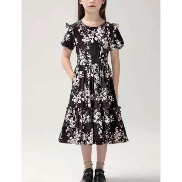 WELAKEN Girls Short Sleeves Floral Printed Dresses with Pocket and Elastic WaistbandBlack