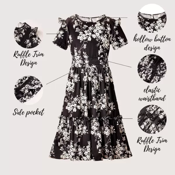 WELAKEN Girls Short Sleeves Floral Printed Dresses with Pocket and Elastic WaistbandBlack