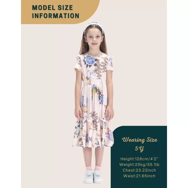 WELAKEN Girls Short Sleeves Floral Printed Dresses with Pocket and Elastic WaistbandPink