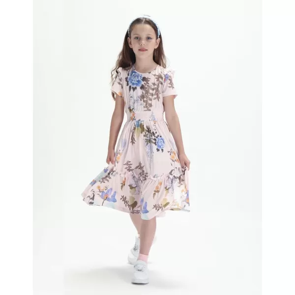 WELAKEN Girls Short Sleeves Floral Printed Dresses with Pocket and Elastic WaistbandPink