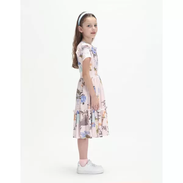 WELAKEN Girls Short Sleeves Floral Printed Dresses with Pocket and Elastic WaistbandPink