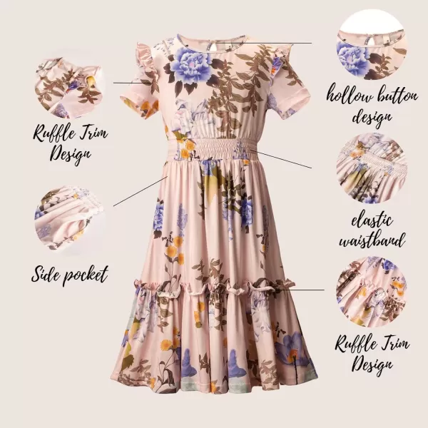 WELAKEN Girls Short Sleeves Floral Printed Dresses with Pocket and Elastic WaistbandPink