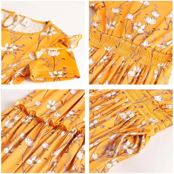 WELAKEN Girls Short Sleeves Floral Printed Dresses with Pocket and Elastic WaistbandYellow