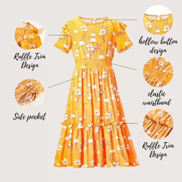 WELAKEN Girls Short Sleeves Floral Printed Dresses with Pocket and Elastic WaistbandYellow