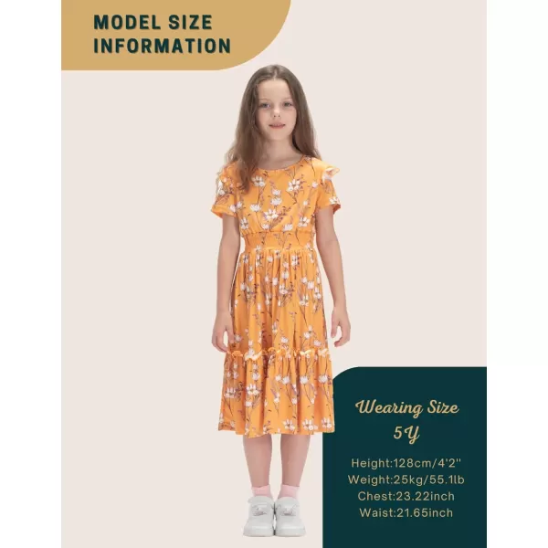 WELAKEN Girls Short Sleeves Floral Printed Dresses with Pocket and Elastic WaistbandYellow