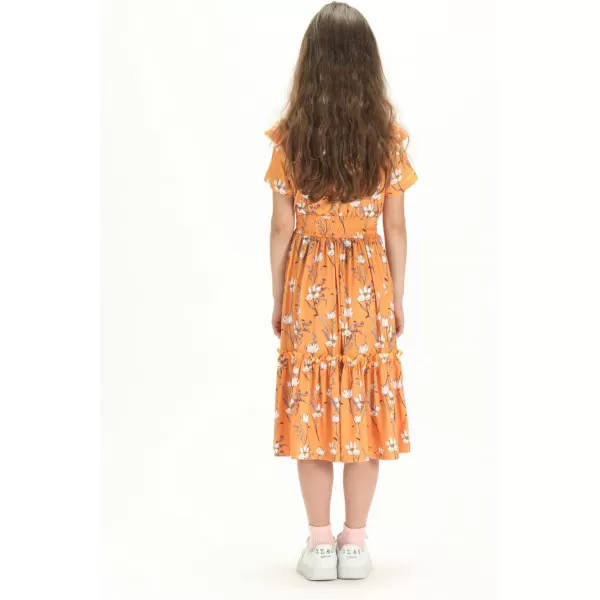WELAKEN Girls Short Sleeves Floral Printed Dresses with Pocket and Elastic WaistbandYellow