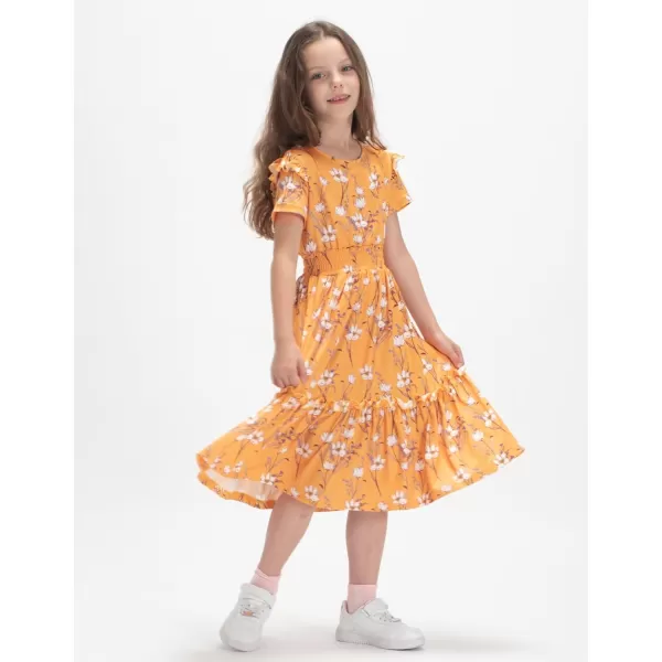 WELAKEN Girls Short Sleeves Floral Printed Dresses with Pocket and Elastic WaistbandYellow