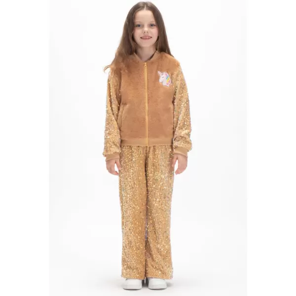 WELAKEN Girls Unicorn Fleece Fullzip Sequin Sleeves Jacket with Pocket for Toddler ampamp Kids Brown