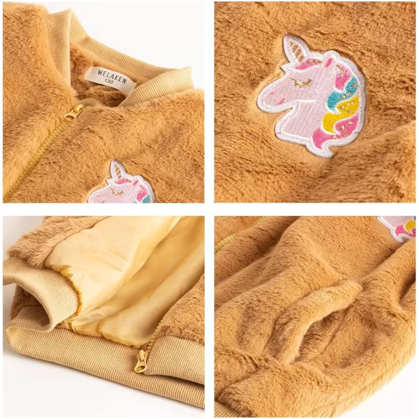 WELAKEN Girls Unicorn Fleece Fullzip Sequin Sleeves Jacket with Pocket for Toddler ampamp Kids Brown