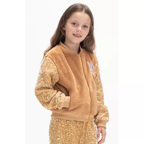 WELAKEN Girls Unicorn Fleece Fullzip Sequin Sleeves Jacket with Pocket for Toddler ampamp Kids Brown