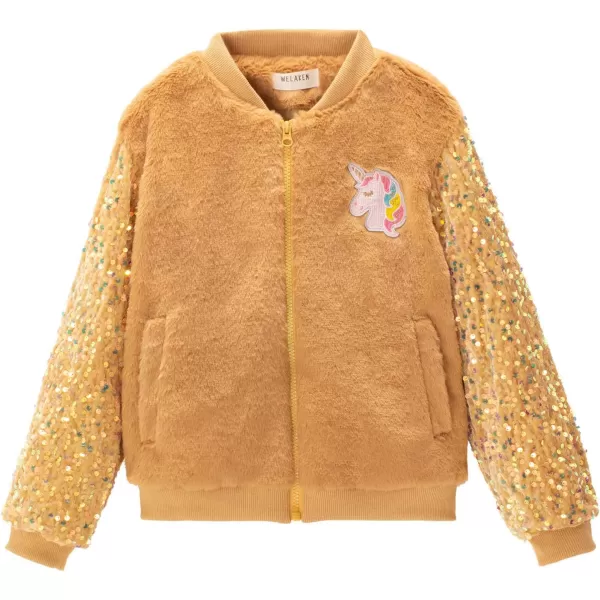 WELAKEN Girls Unicorn Fleece Fullzip Sequin Sleeves Jacket with Pocket for Toddler ampamp Kids Brown