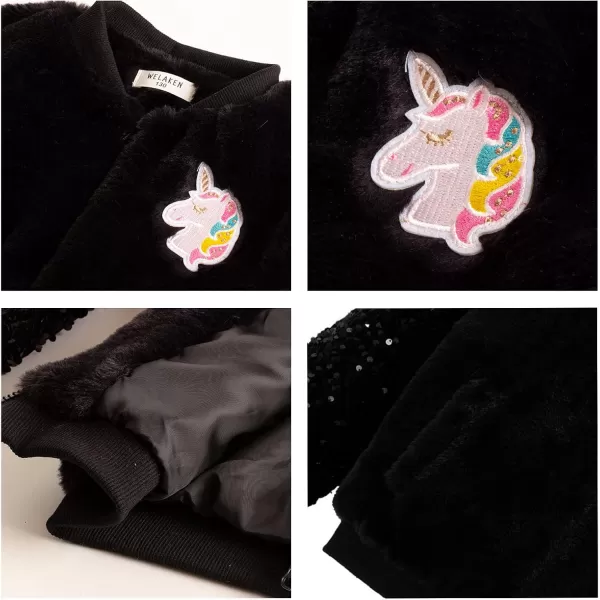 WELAKEN Girls Unicorn Fleece Fullzip Sequin Sleeves Jacket with Pocket for Toddler ampamp KidsBlack
