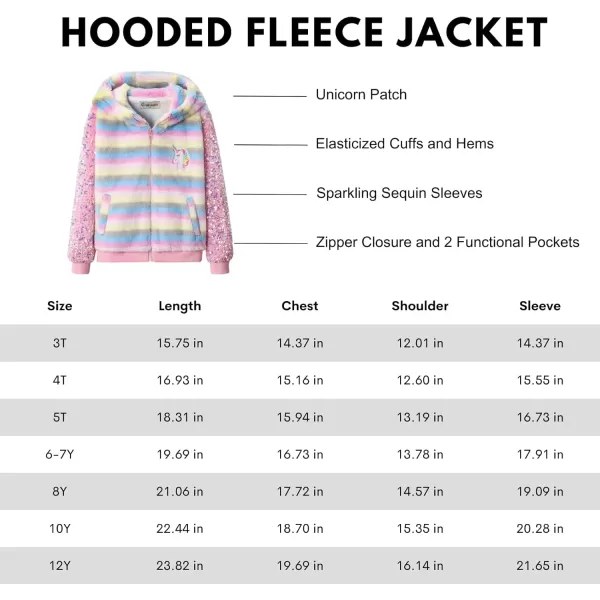 WELAKEN Girls Unicorn Fleece Fullzip Sequin Sleeves Jacket with Pocket for Toddler ampamp KidsHoodedpink stripes